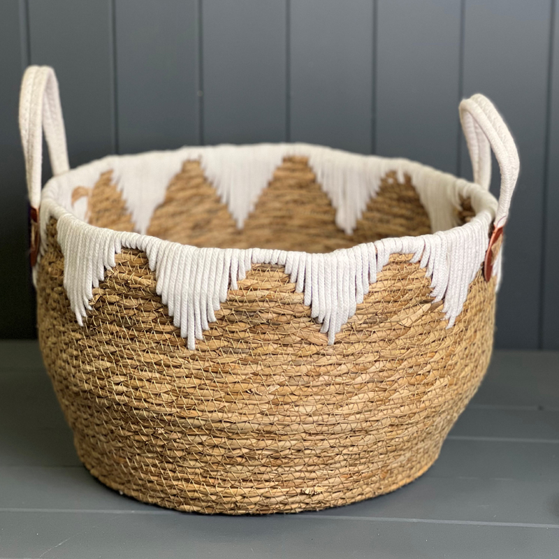 Small Round Storage Basket with White Fringe Detail detail page